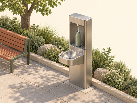 Public water bottle refill station in a shaded park