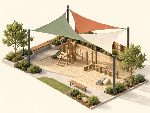Playground protected by colorful fabric shade sails