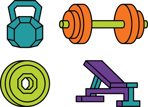 Gym fitness equipment vector illustration featuring kettlebell, dumbbell, barbell weights, and workout bench