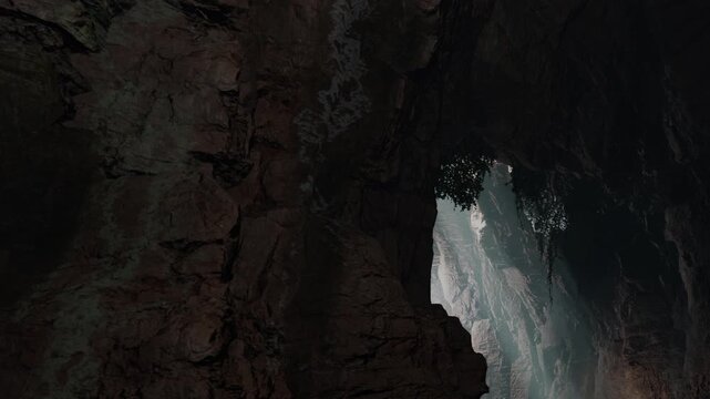 A narrow cave opening shows bright light entering from outside. The rocky walls are dark and uneven. Green plants can be seen near the light source.