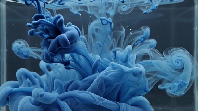 Blue ink swirling slowly in clear water creating artistic liquid motion animation suitable for abstract background design and visual effects