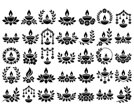 Diwali silhouette vector set of traditional oil lamps, floral ornaments, lotus motifs and festive decorations