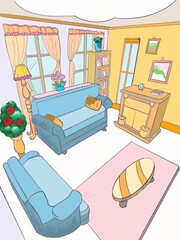 Cozy colorful living room interior illustration with blue sofas, carpet, and bookshelf for children book background © Jo