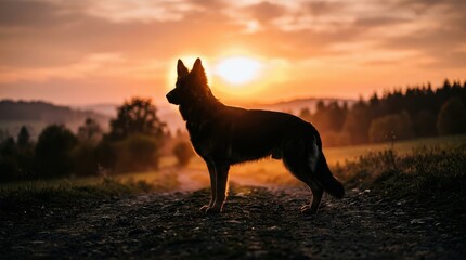 Fototapeta premium Majestic German Shepherd Dog Silhouette Standing on a Rural Path During a Golden Sunset Landscape