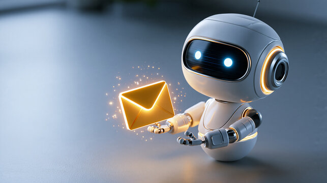 Bright friendly white robot character holding a glowing yellow envelope cute artificial intelligence assistant delivering mail three dimensional digital character design clean well lit