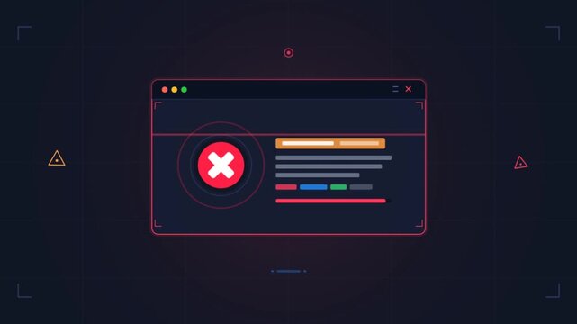 Stylized digital system error window interface animation on dark background.