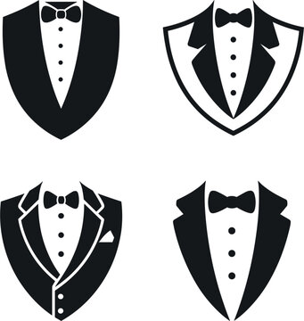 Elegant tuxedo suit vector black silhouette icons collection, formal bow tie emblem design set
