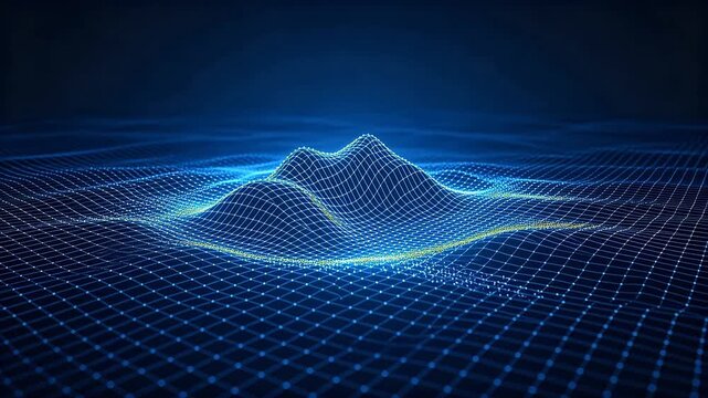 Digital mountain structure made of glowing grid lines on a dark blue background