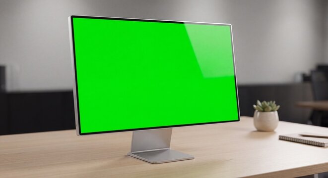Modern computer monitor with green screen on wooden desk in office