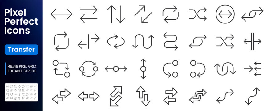 Transfer line icon set. Exchange, swap, bidirectional, shuffle, circular exchange and directional arrows linear minimal vector illustration. Simple outline signs. 48x48 Pixel Perfect. Editable Stroke.