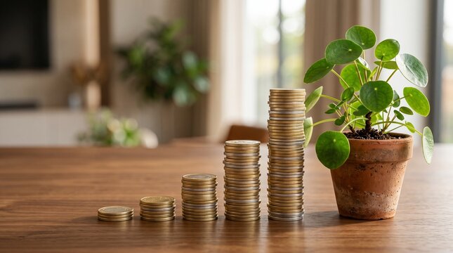Growing plant with stacked coins representing financial growth and investment success
