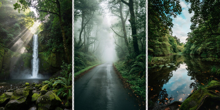 Triptych of lush forest landscapes featuring a waterfall, a misty road, and a still lake