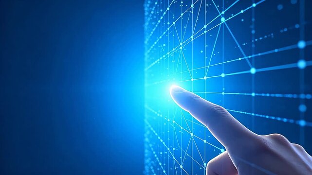 Hand finger touching blue virtual interface with grid nodes and network structures