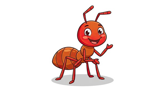 Smiling red cartoon ant character on white background.