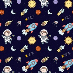 Cute Outer Space Seamless Pattern with Astronaut, Rocket, Sun, Moon, Planets, and Stars, Kawaii Cosmic Background Illustration © Ngoc