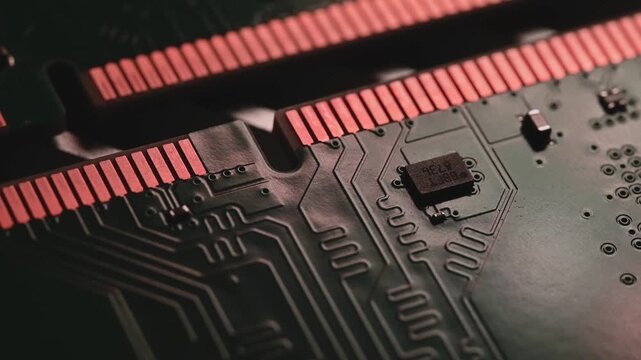 Macro Close Up of DDR4 RAM Gold Contacts with Shifting Colorful Light