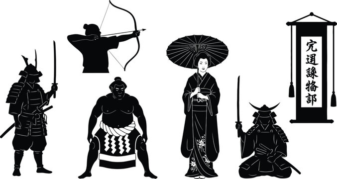 Ancient japanese warriors and traditional architecture black silhouette