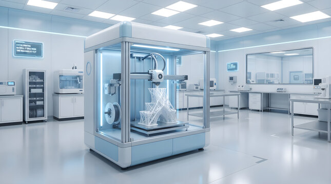 Large industrial 3D printer machine operating in a clean modern high-tech laboratory background. Automated 3D printing equipment in a cleanroom laboratory for rapid prototyping and additive manufactur