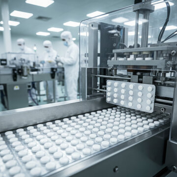 Medicine tablets moving along automated packaging conveyor in cleanroom facility for pharmaceutical production