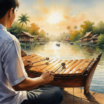 Musician playing ranat ek xylophone beside river canal at sunrise for traditional Thai cultural music performance