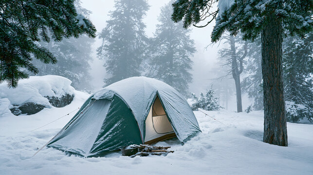 Winter Camping Serenity A solitary tent glows with warm light amidst a serene, snow-covered forest, offering a peaceful retreat from the winter chill.
