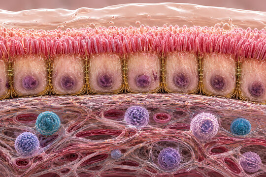 Detailed 3d cross section of simple columnar epithelial tissue with microvilli and lamina propria