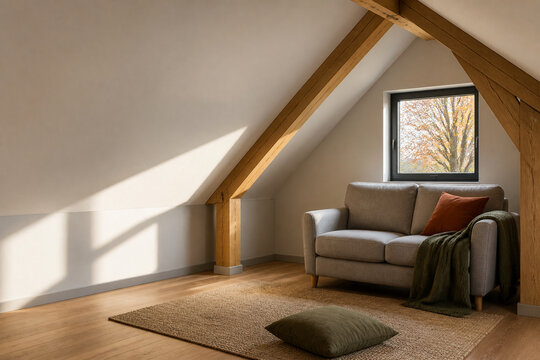 Finished attic lounge with oak rafters and autumn window light