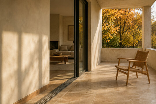 Sheltered home loggia opening to golden autumn foliage