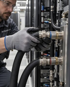 AI data center liquid cooling maintenance with technicians inspecting high density server infrastructure