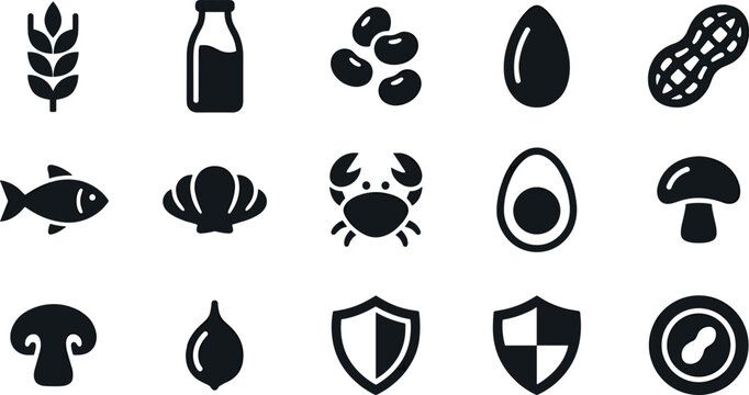 Food allergen black silhouette icons set featuring wheat, milk, soy, peanut, fish, shellfish, crab, egg, mushroom, and shield.