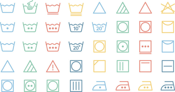 Garment care instruction line icons vector set featuring laundry washing symbols, bleaching, tumble drying, and ironing instructions.