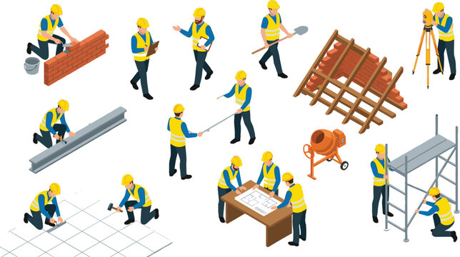 Isometric construction worker character vector set featuring builders engineers architects scaffolding concrete mixer blueprint table and roof installation