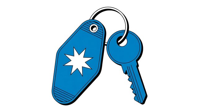 Blue hotel key tag with a metal key on a ring