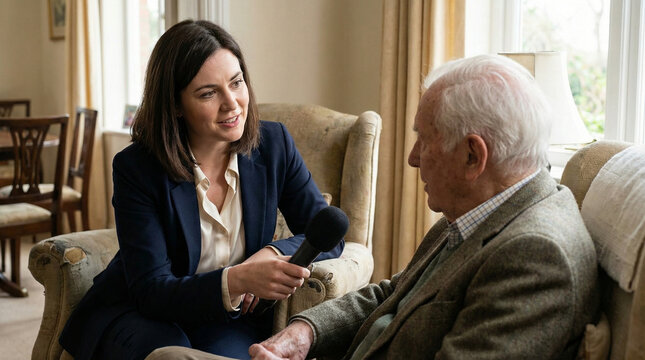 Journalist interviewing elderly man in a cozy living room  