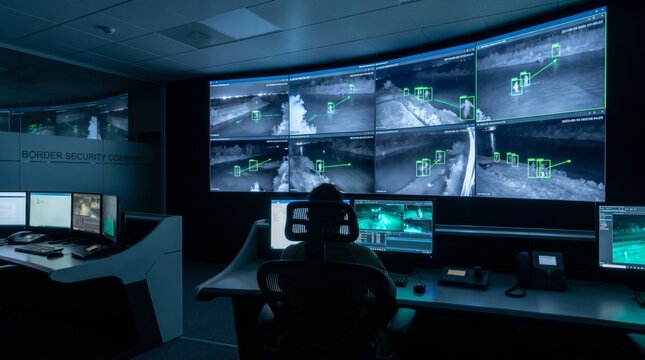 Security operator monitoring multiple surveillance feeds. Concept of threat detection, command control and facility protection.
