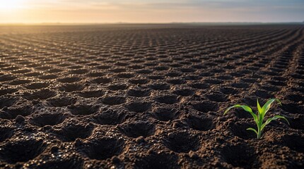 Fototapeta premium Single green corn sprout on prepared seedbed. Rows of dark soil. Early stage of agricultural growth. Farming business concept at sunrise