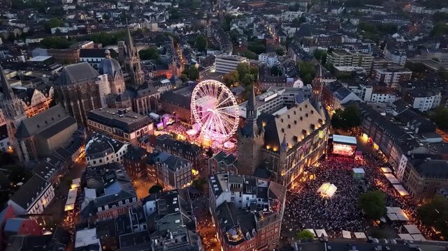 Aufnahme einer Drohne von oben auf Aachen mit Aachener Dom, Rathaus und Riesenrad bei Nacht	
