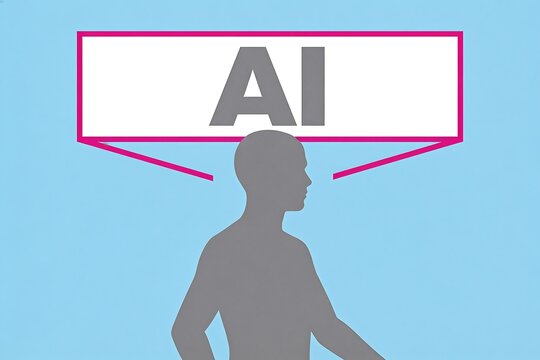 A flat gray human silhouette faces a pink bordered AI text box symbolizing artificial intelligence guiding human thought and identity