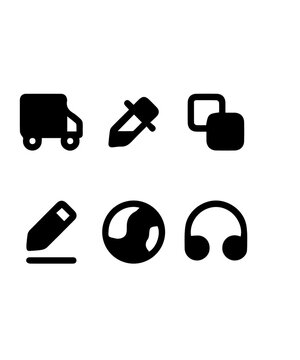 E-commerce and web interface black vector icon set featuring delivery truck eyedropper duplicate pencil globe and headphones symbols isolated on white background