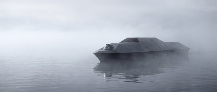 Low profile autonomous vessel moving through sea fog. Concept of naval robotics, reconnaissance and maritime security.