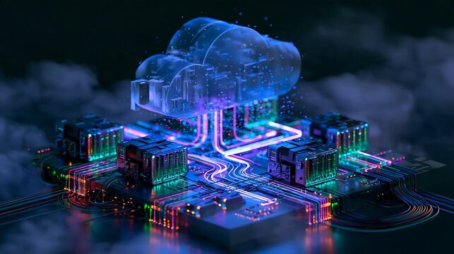 Futuristic cloud computing server, digital data storage network, glowing neon circuit board with holographic cloud icon