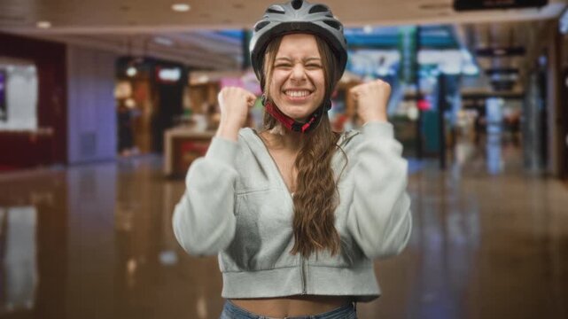 Woman wearing bike helmet clenches fists in victory pose inside building with closed eyes and broad smile; joy victory confidence.