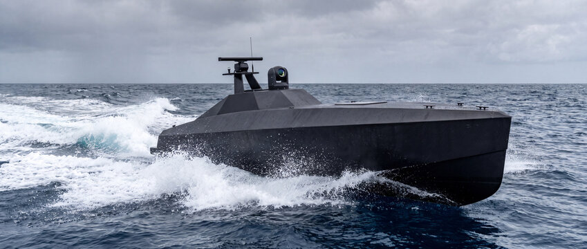 Autonomous naval craft speeding across rough ocean. Concept of maritime mobility, unmanned patrol and coastal surveillance.