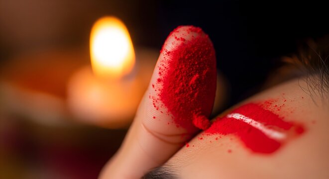 Woman applying red vermilion powder on forehead during hindu ritual