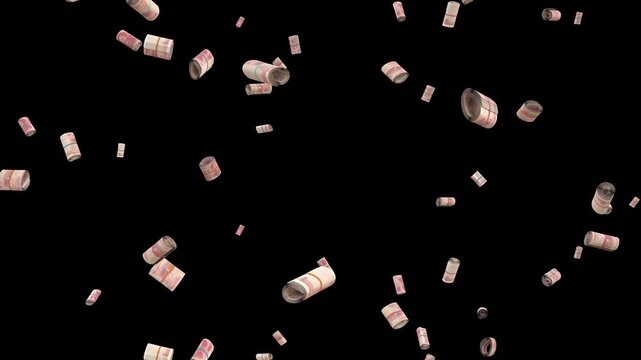 Falling rolled up Yuan bills loop Rain Wealth.