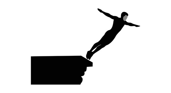 Silhouette of a person jumping from a cliff edge against a white background