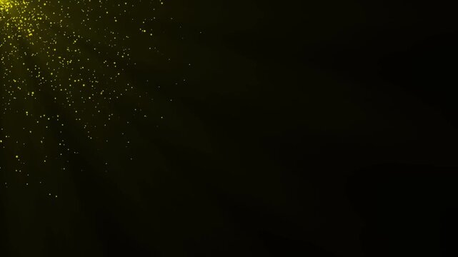Abstract particle background with moving flying particles, soft light and glowing bokeh, blurred atmosphere, shimmering golden dust, elegant motion design, video animation, black background 4K