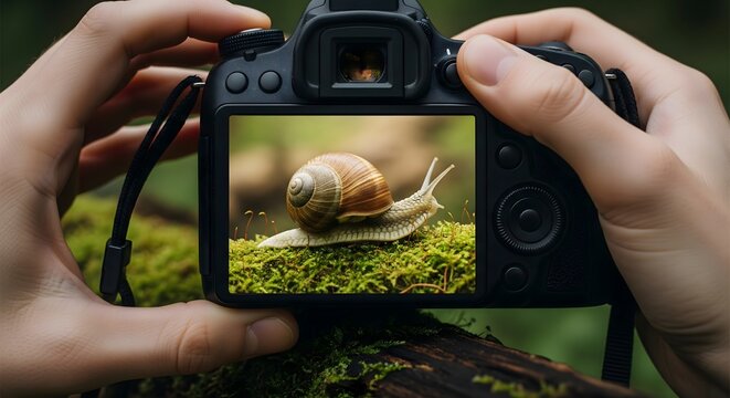 Person holding digital camera capturing a snail on moss in the forest