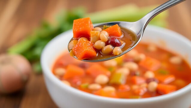 Macro shot of a spoonful of fasolada above a bowl, showcasing beans, carrots, and celery in tomato broth, soft focus background