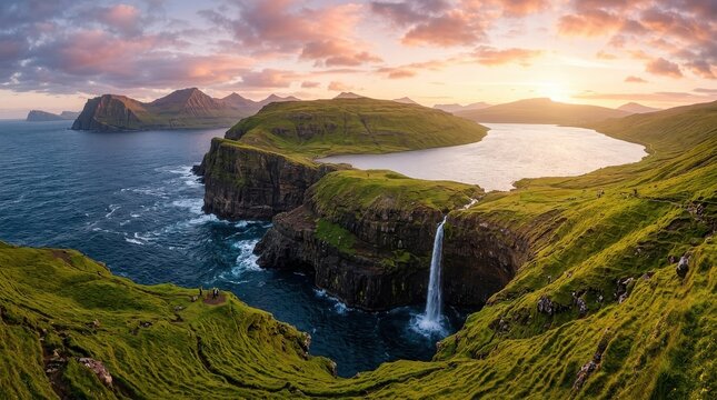 Breathtaking Sunset over Mulafossur Waterfall and Sorvagsvatn Lake in Faroe Islands Coastal Landscape